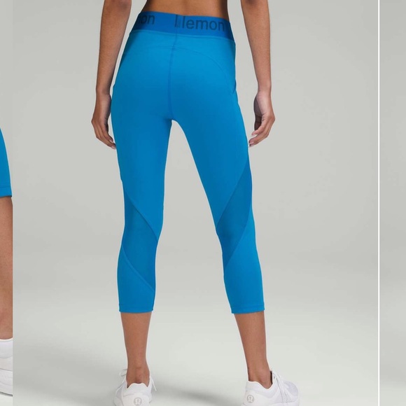 lululemon athletica Pants - Lululemon Logo Waistband High Rise Training Crop Leggings Poolside Blue 4